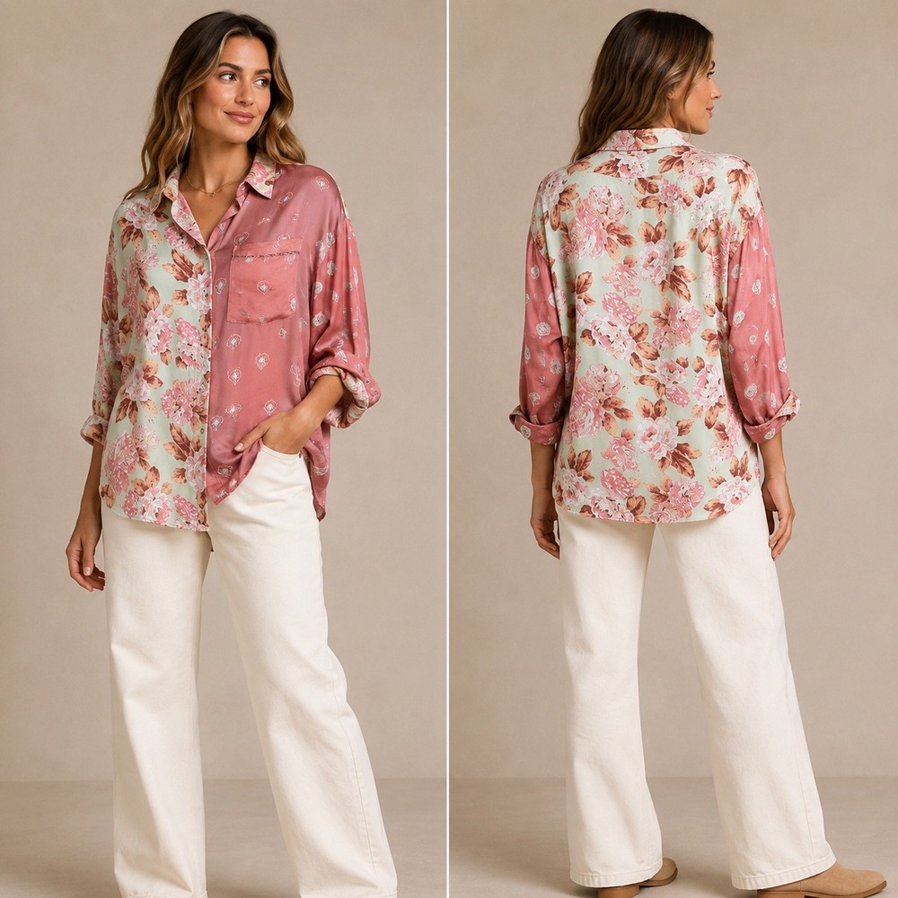 Zara Womens Top M Pink Floral Mixed Print Embroidered Boho Cottagecore Blouse - Picture 13 of 14